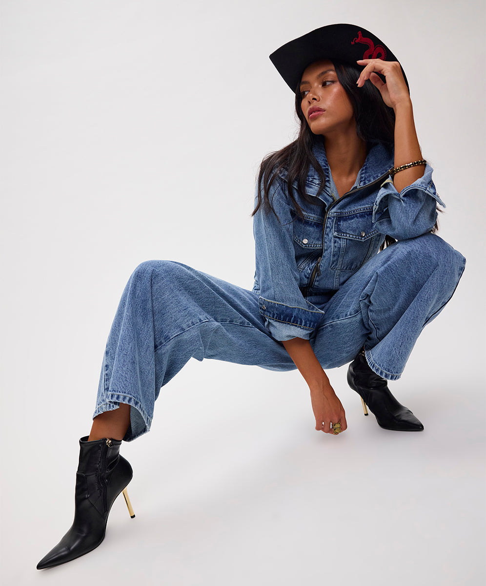  Charli Wide Leg Aviator Denim Jumpsuit - Pretty Blue