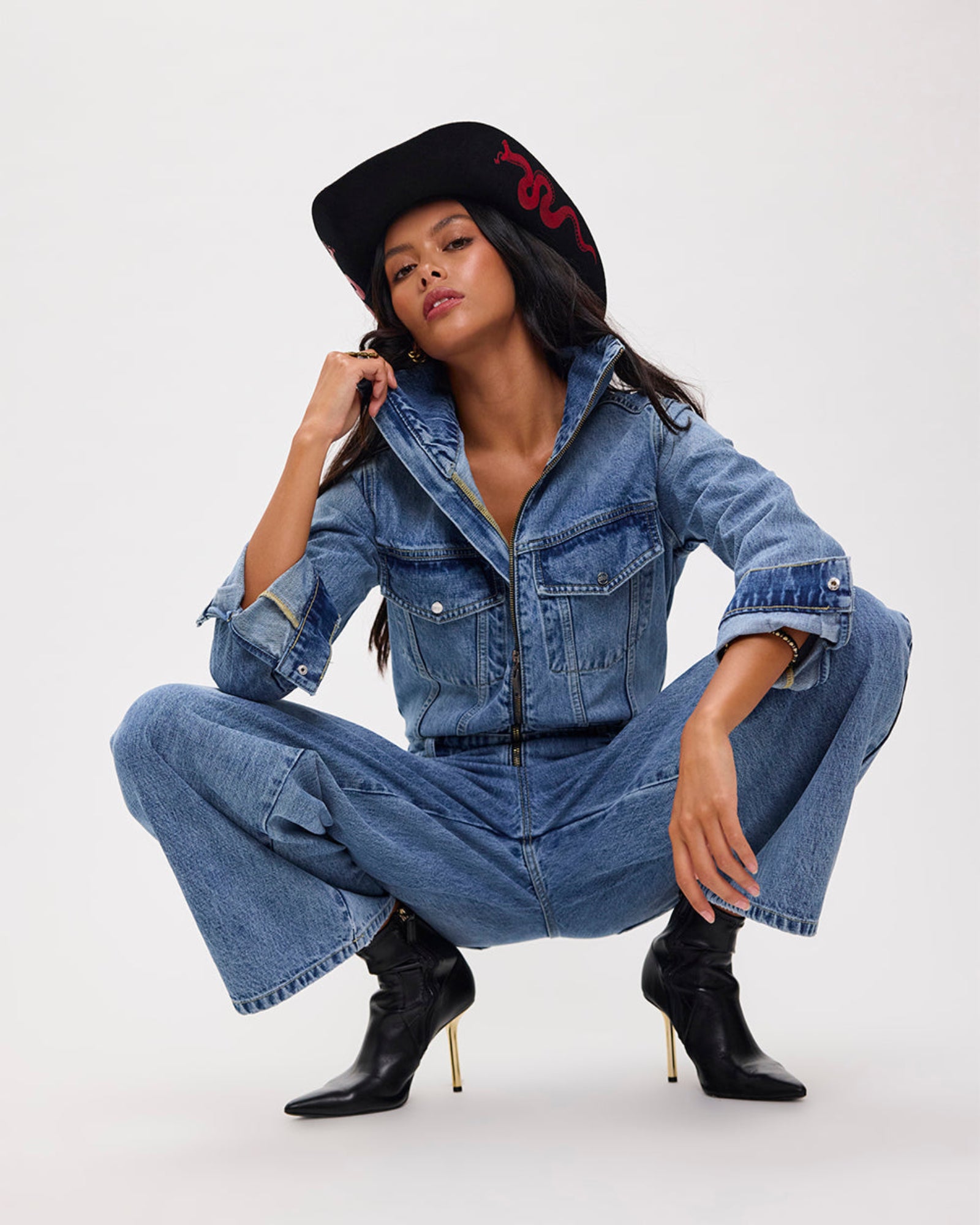Charli Wide Leg Aviator Denim Jumpsuit - Pretty Blue | One