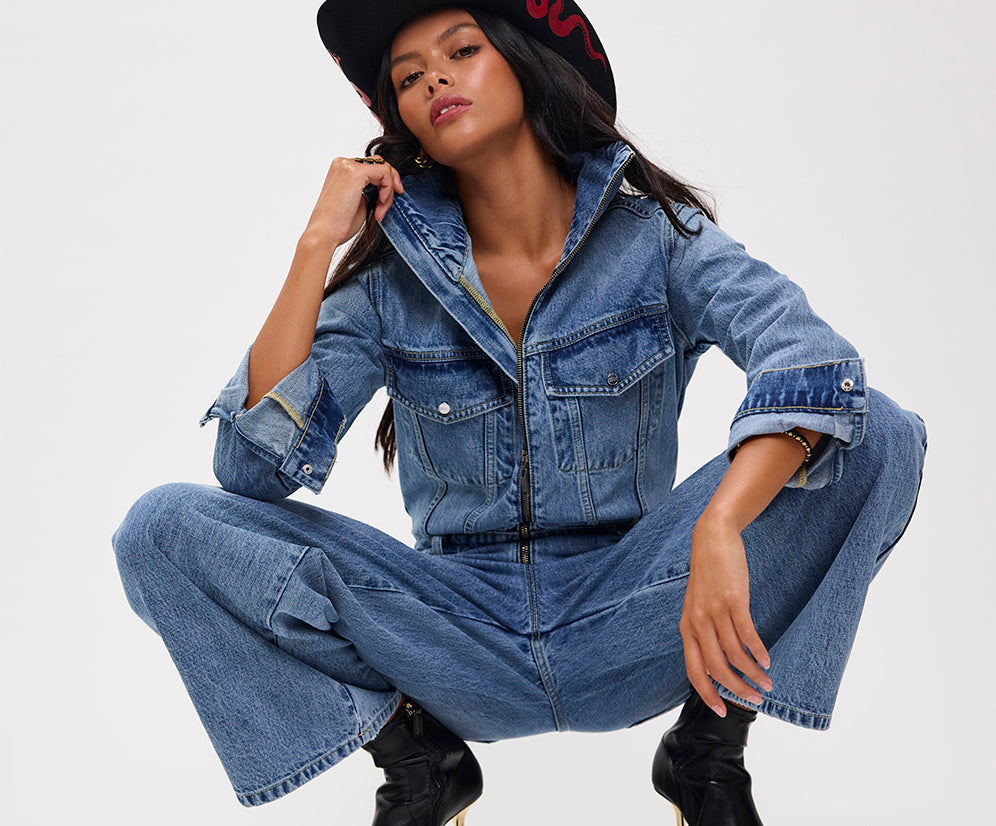 Charli Wide Leg Aviator Denim Jumpsuit - Pretty Blue