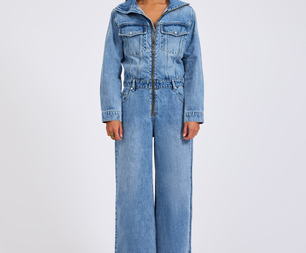 Charli Wide Leg Aviator Denim Jumpsuit - Pretty Blue