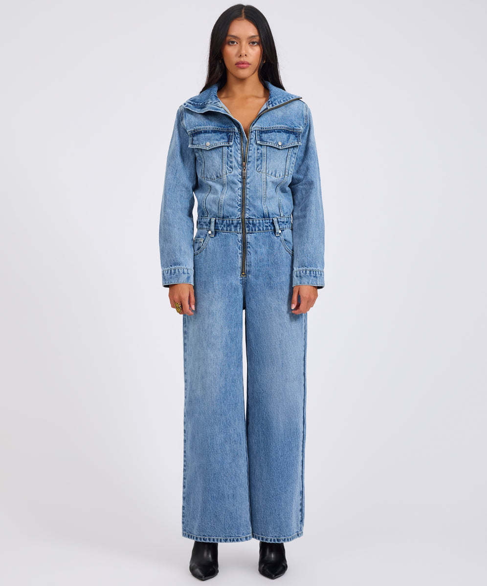  Charli Wide Leg Aviator Denim Jumpsuit - Pretty Blue