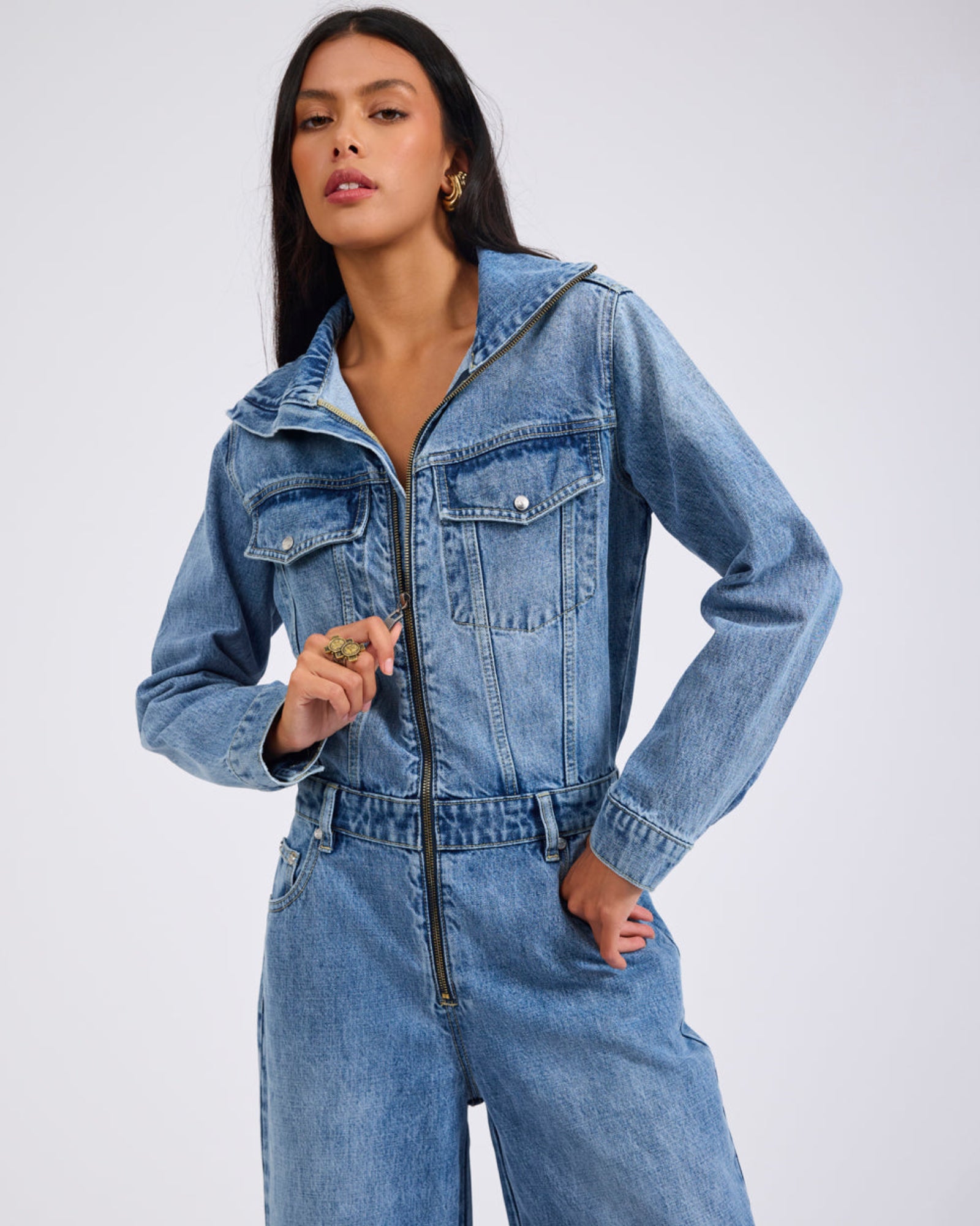 Charli Wide Leg Aviator Denim Jumpsuit - Pretty Blue | One