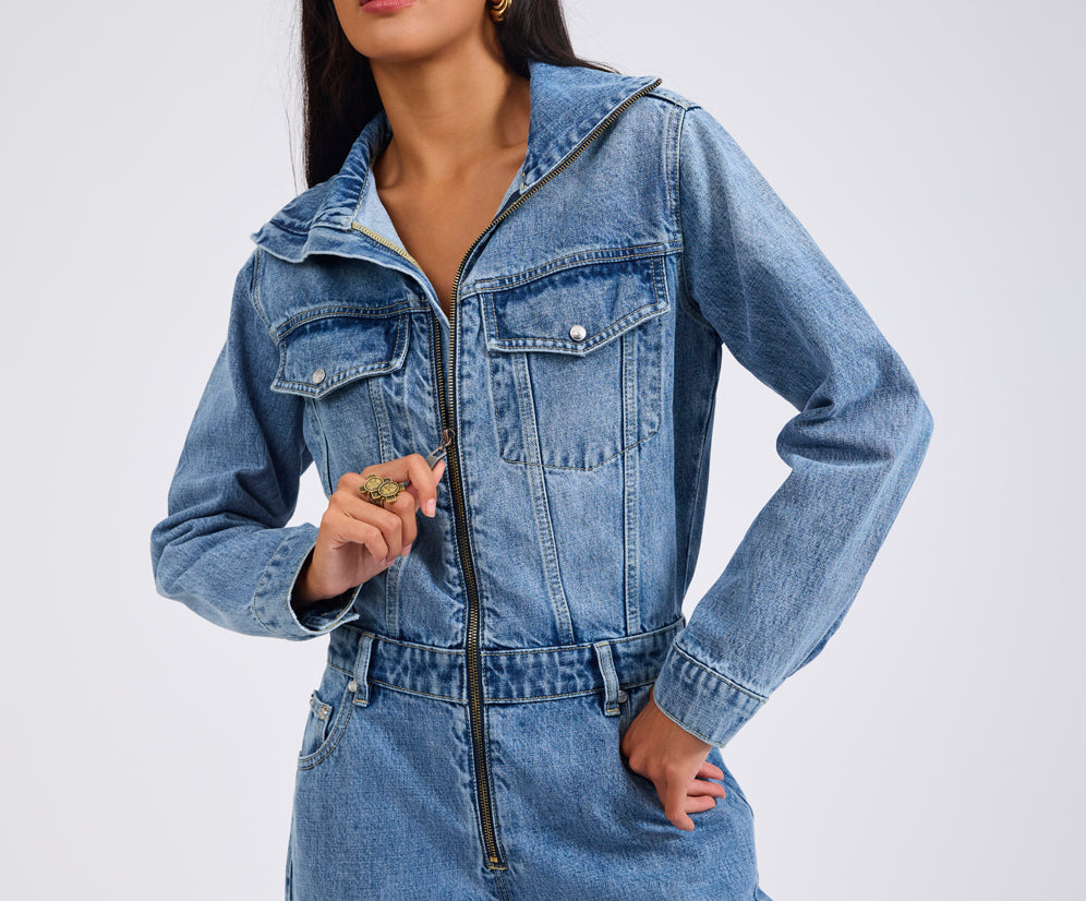 Charli Wide Leg Aviator Denim Jumpsuit - Pretty Blue