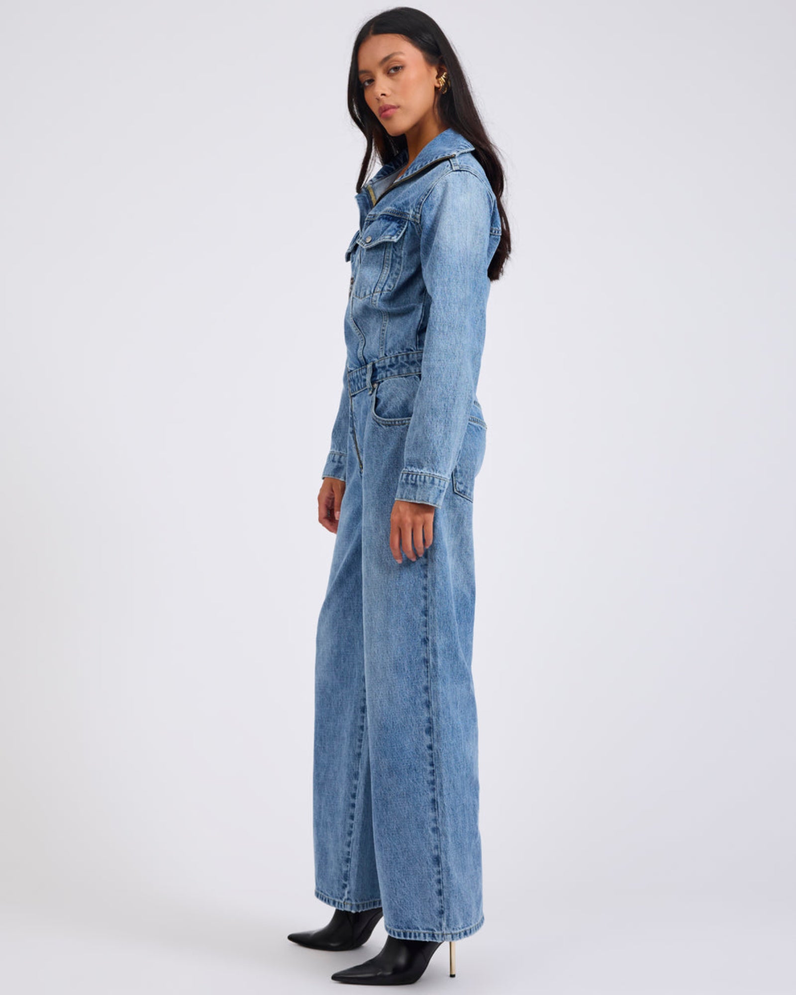 Charli Wide Leg Aviator Denim Jumpsuit - Pretty Blue | One