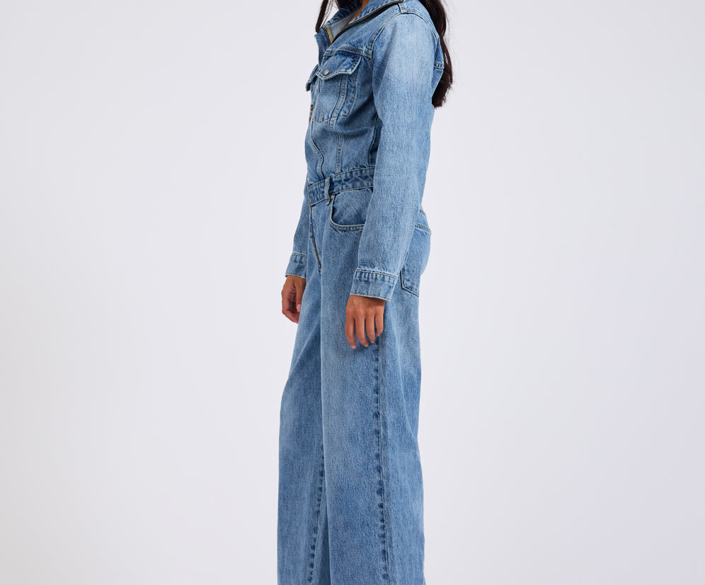 Charli Wide Leg Aviator Denim Jumpsuit - Pretty Blue