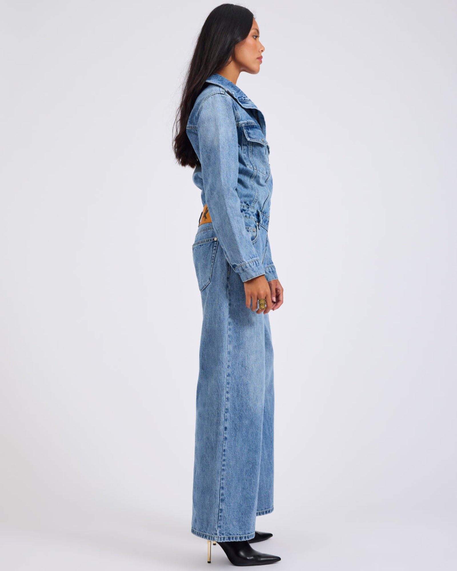 Charli Wide Leg Aviator Denim Jumpsuit - Pretty Blue | One
