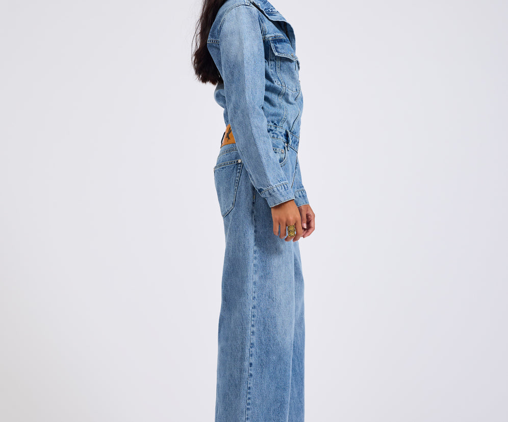 Charli Wide Leg Aviator Denim Jumpsuit - Pretty Blue