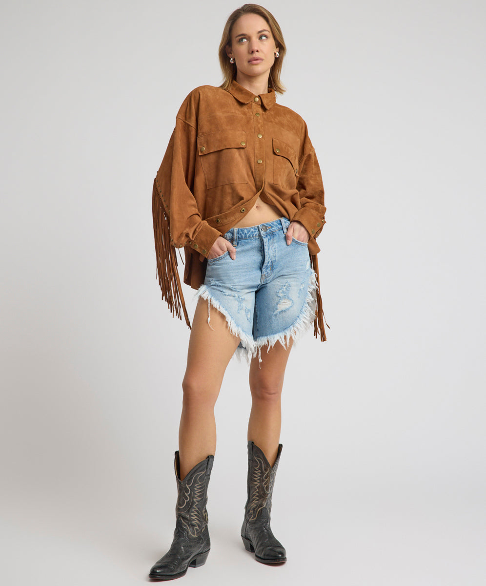 Frankies Low Waist Long Length Denim Shorts - Riviera Blue | One