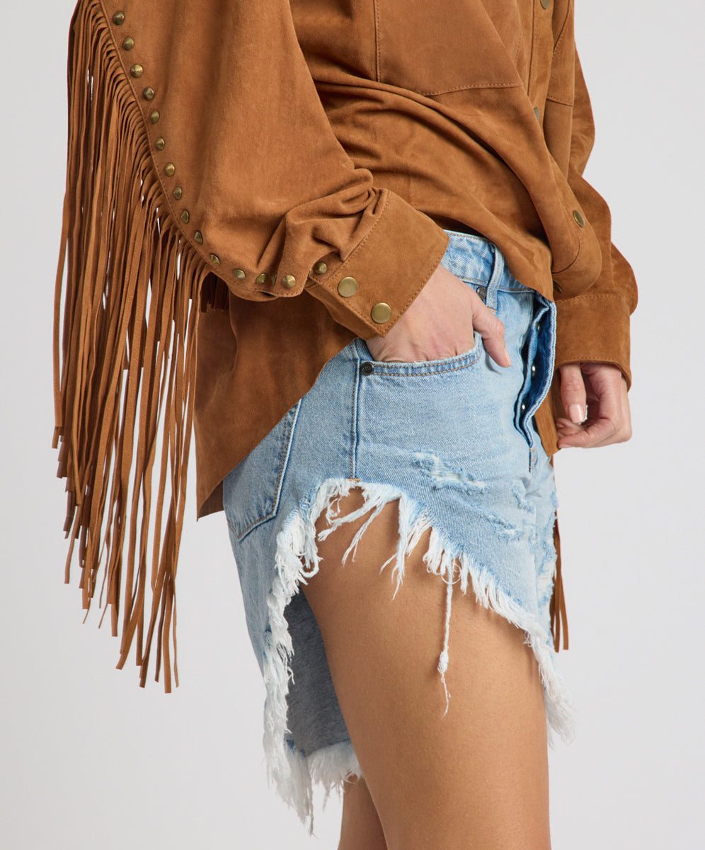 Frankies Low Waist Long Length Denim Shorts - Riviera Blue