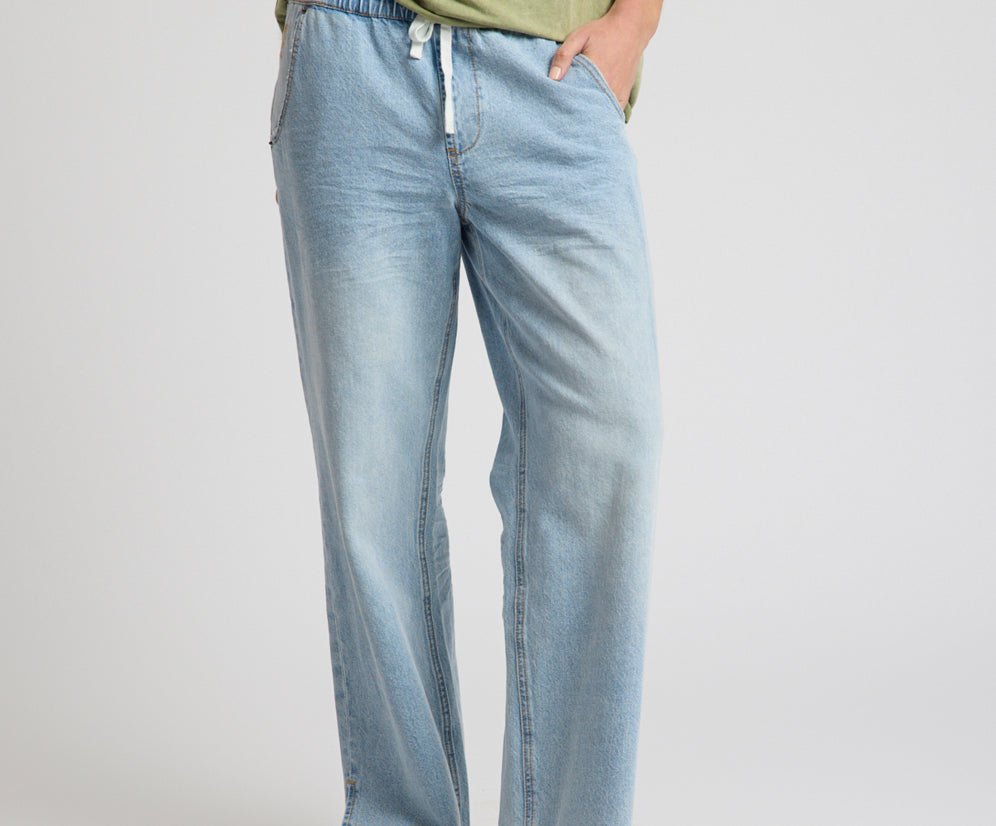 Roadhouse Mid Waist Wide Leg Drawstring Denim Jean - Riviera Blue