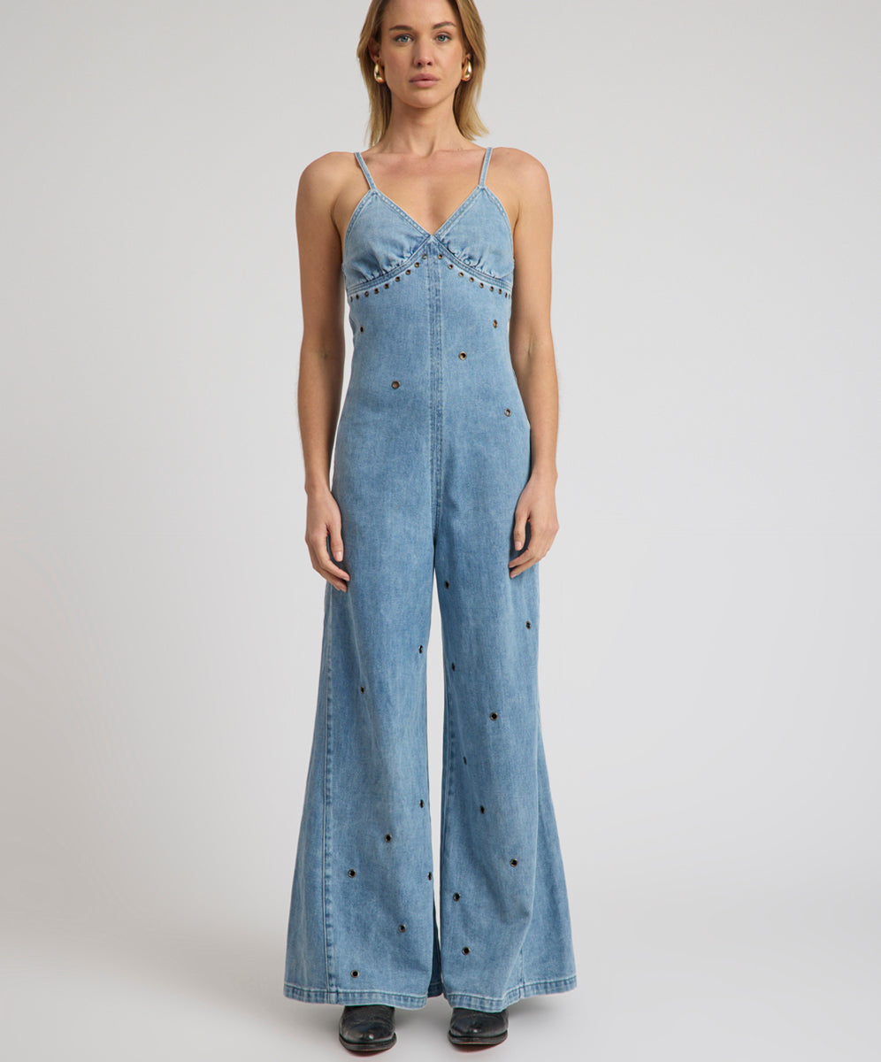 Brigitte Wide Leg Cami Denim Jumpsuit - Blue Rapture | One