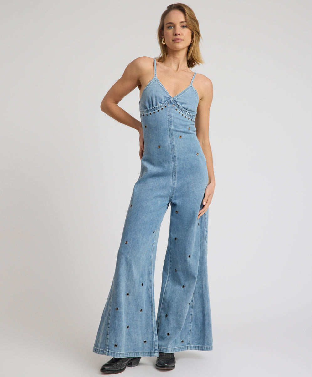 Brigitte Wide Leg Cami Denim Jumpsuit - Blue Rapture | One