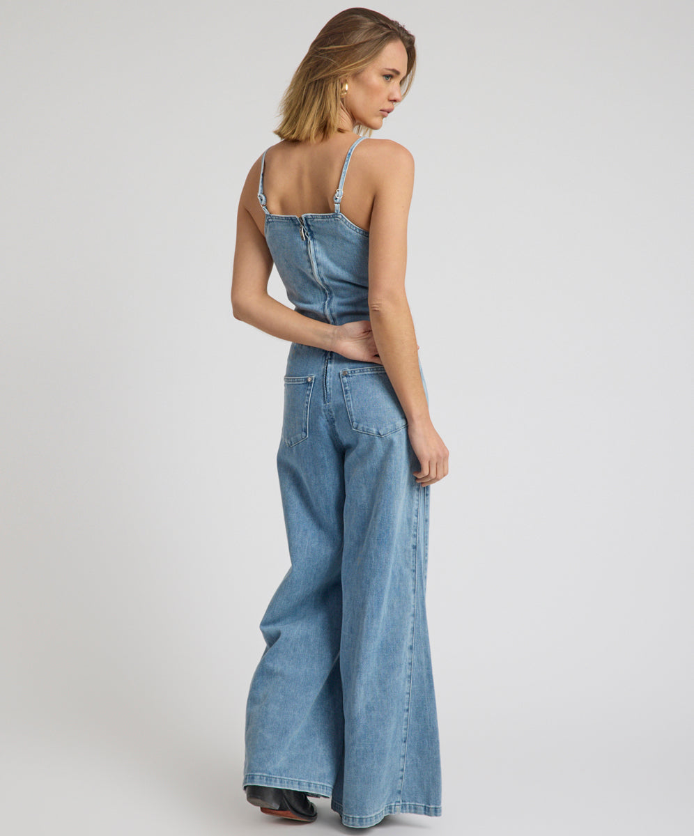 Brigitte Wide Leg Cami Denim Jumpsuit - Blue Rapture | One