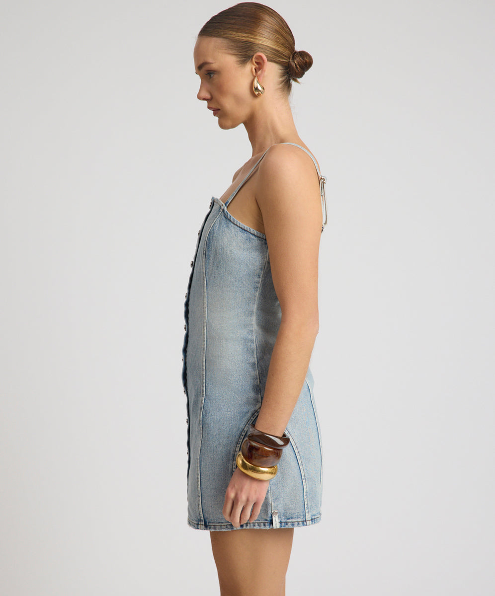 Riviera Fitted Strappy Mini Denim Dress - Hendrixe Blue | One