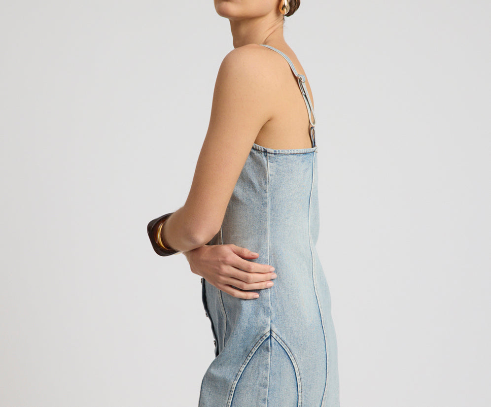 Riviera Fitted Strappy Mini Denim Dress - Hendrixe Blue | One Teaspoon USA Riviera Fitted Strappy Mini Denim Dress - Hendrixe Blue | One Teaspoon USA