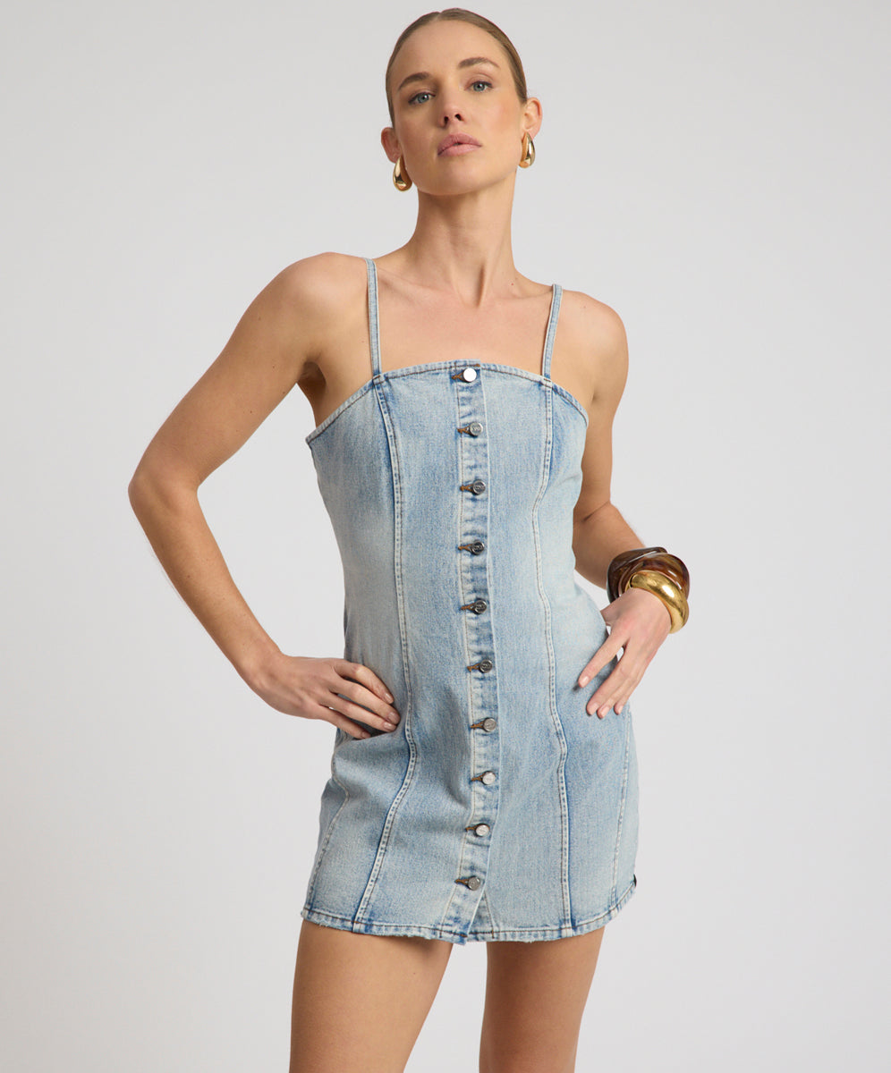 Riviera Fitted Strappy Mini Denim Dress - Hendrixe Blue | One