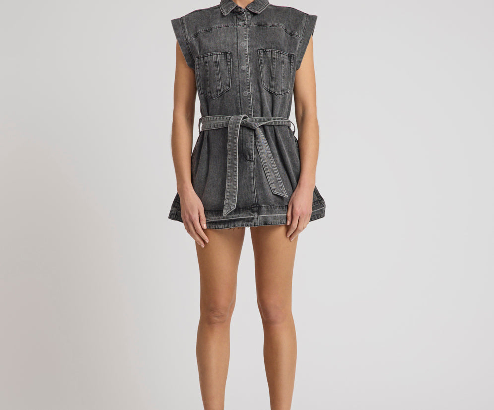 Rogue Aviator Mini Denim Dress - Washed Black