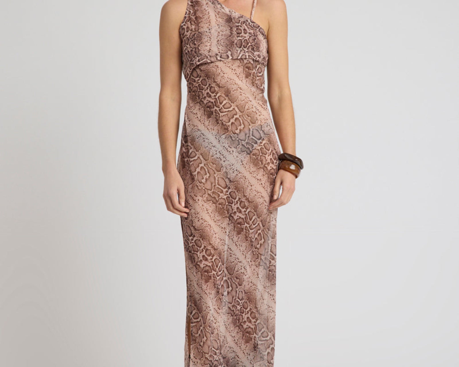 Negroni Sheer Chiffon One Shoulder Maxi Dress - Cognac Snake