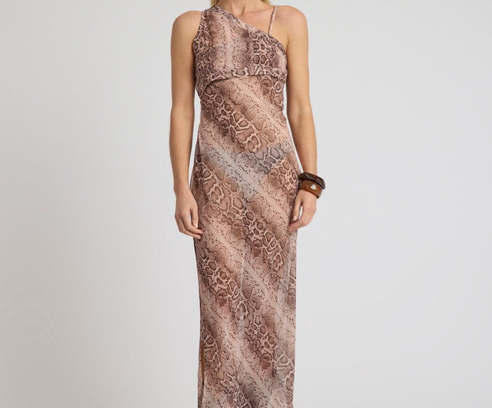 Negroni Sheer Chiffon One Shoulder Maxi Dress - Cognac Snake