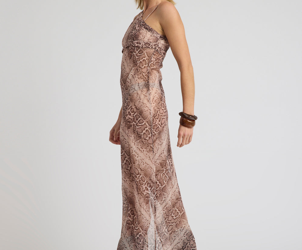 Negroni Sheer Chiffon One Shoulder Maxi Dress - Cognac Snake