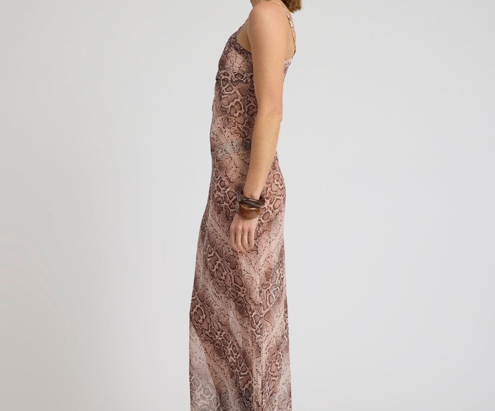 Negroni Sheer Chiffon One Shoulder Maxi Dress - Cognac Snake