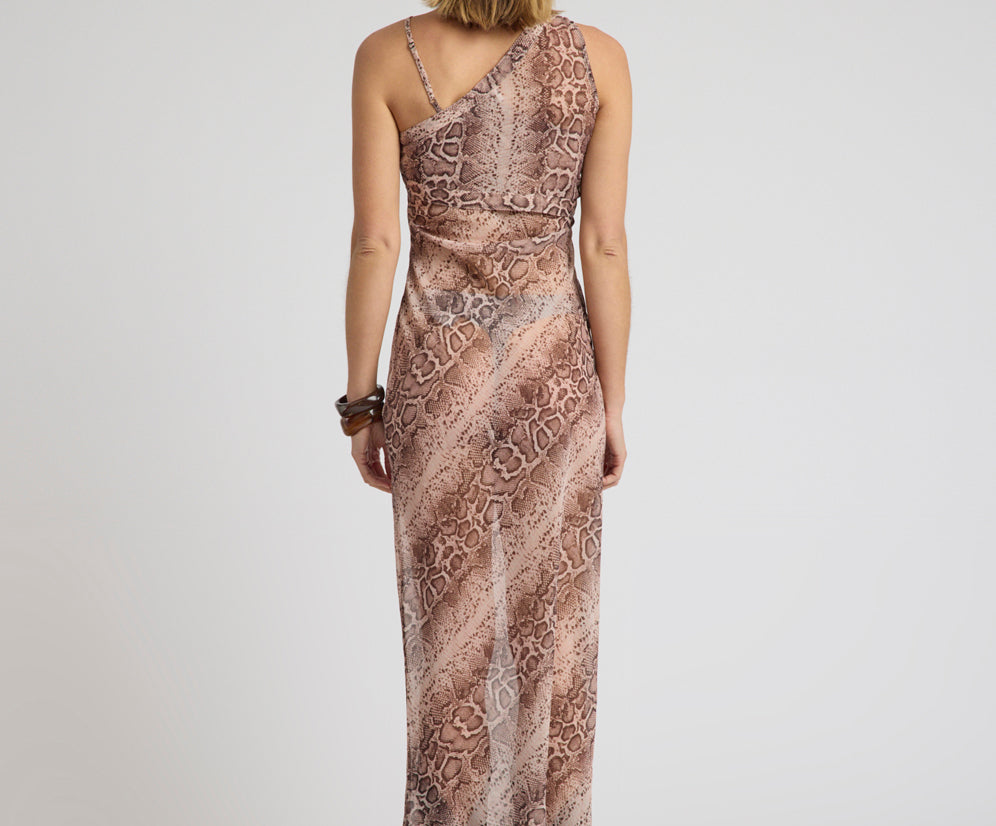 Negroni Sheer Chiffon One Shoulder Maxi Dress - Cognac Snake