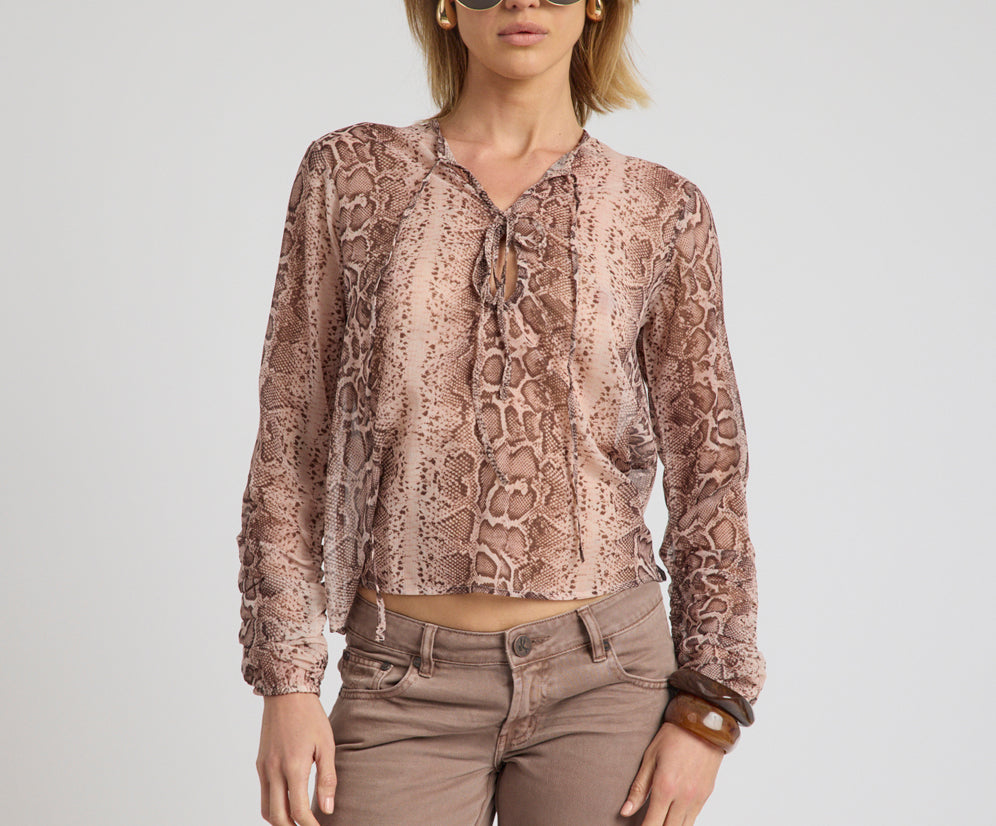 Brandy Sheer Chiffon Keyhole Long Sleeve Top - Cognac Snake