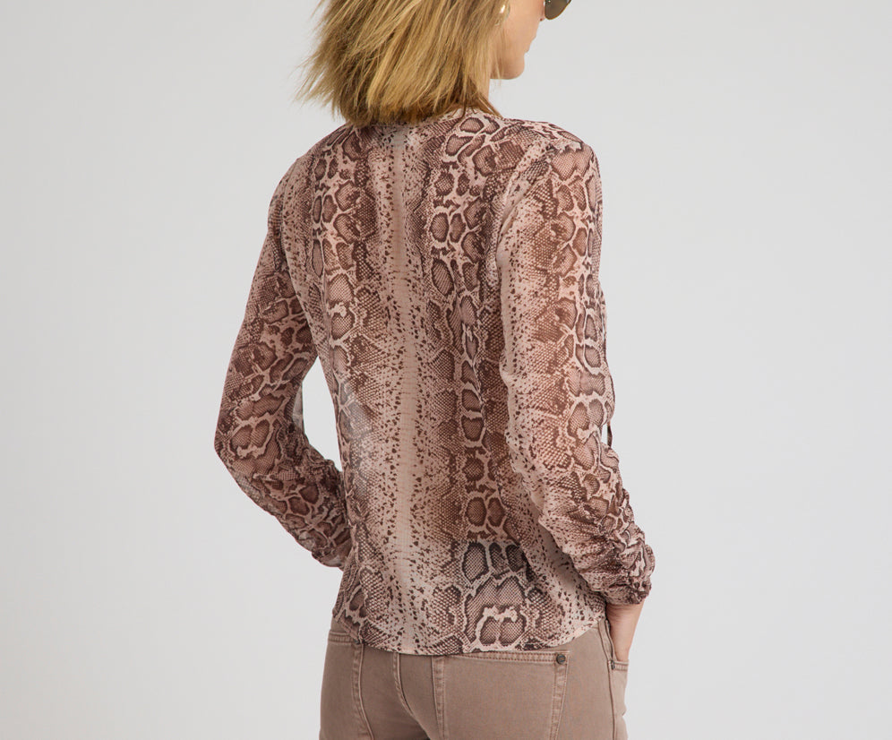 Brandy Sheer Chiffon Keyhole Long Sleeve Top - Cognac Snake