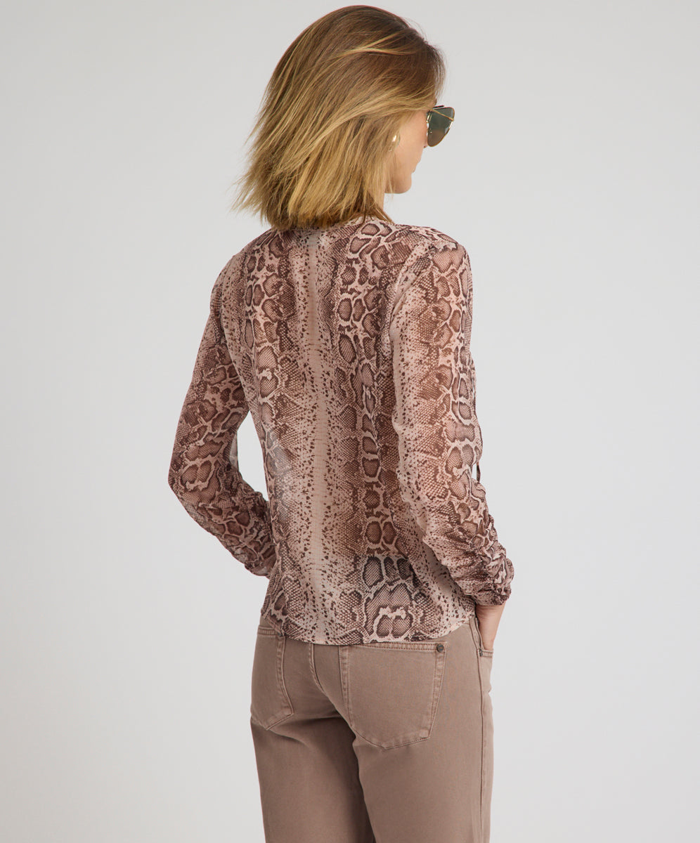 Brandy Sheer Chiffon Keyhole Long Sleeve Top - Cognac Snake