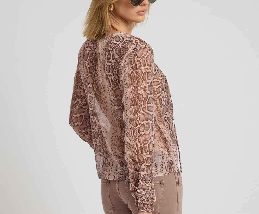 Brandy Sheer Chiffon Keyhole Long Sleeve Top - Cognac Snake