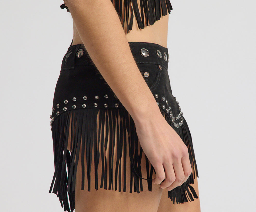 Rebel Rider Fringed Studded Suede Cami Top - Black