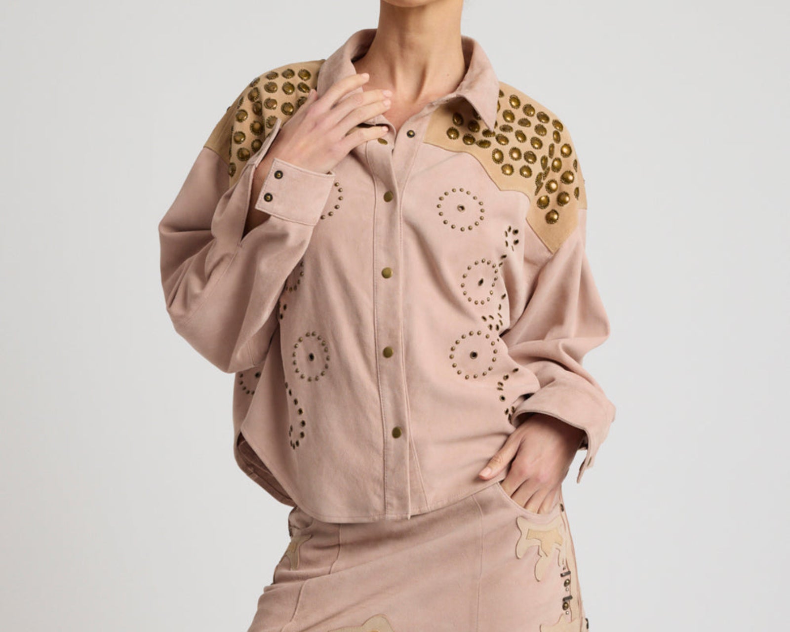 Rodeo Renegade Studded Embroidered Crop Suede Jack - Dusty Pink