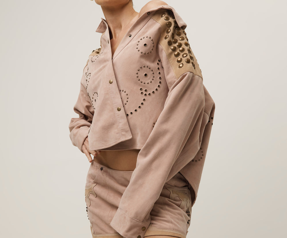 Rodeo Renegade Studded Applique Low Waist Mini Suede Skirt - Dusty Pink