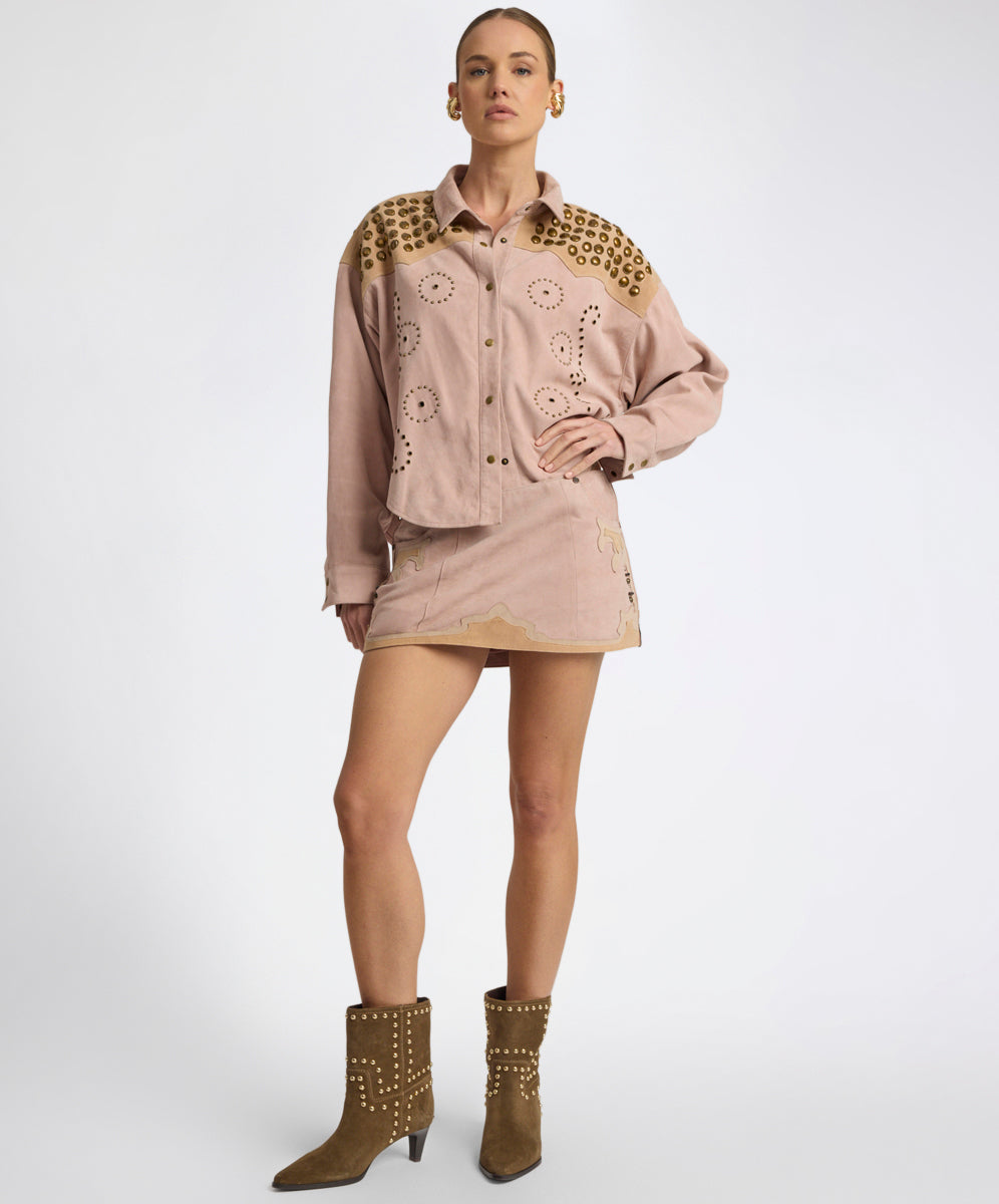 Rodeo Renegade Studded Applique Low Waist Mini Suede Skirt - Dusty
