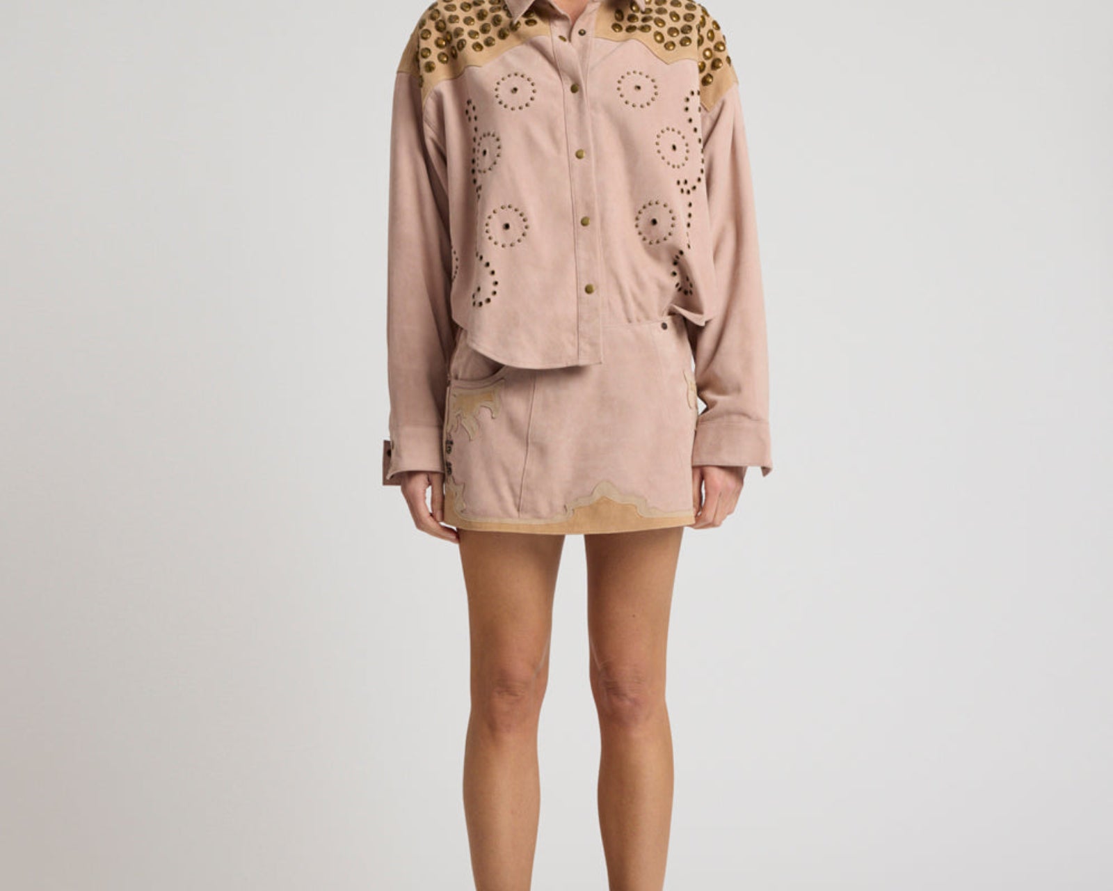 Rodeo Renegade Studded Applique Low Waist Mini Suede Skirt - Dusty Pink
