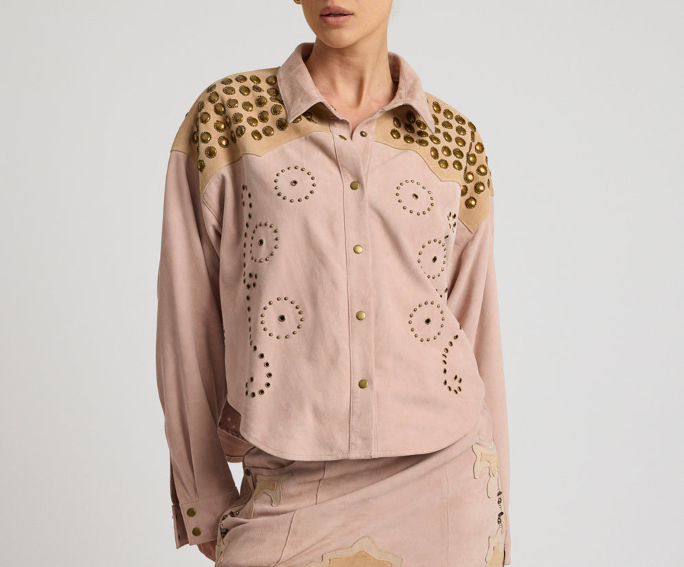 Rodeo Renegade Studded Applique Low Waist Mini Suede Skirt - Dusty Pink