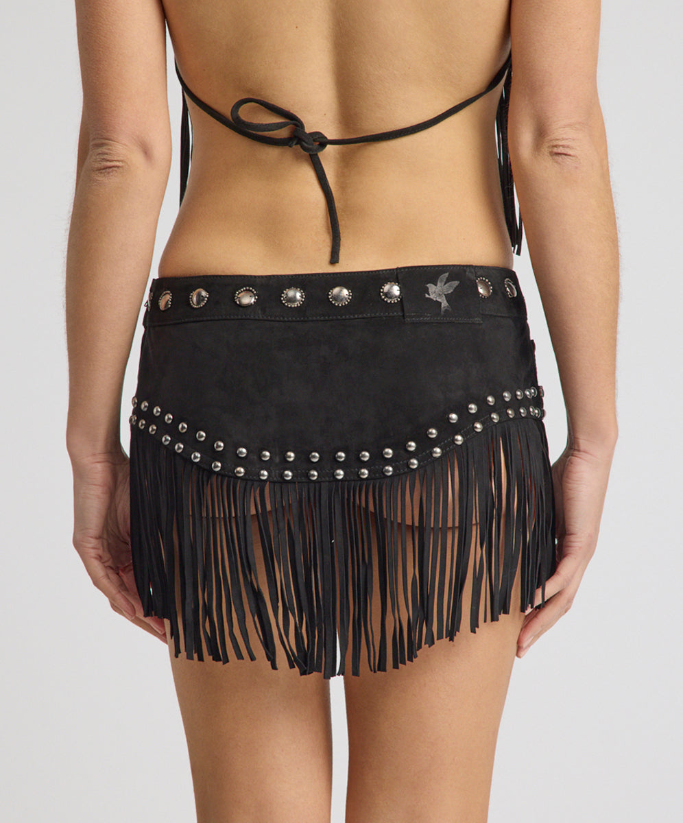 Rebel Rider Studded Fringe Suede Micro Skirt - Black | One