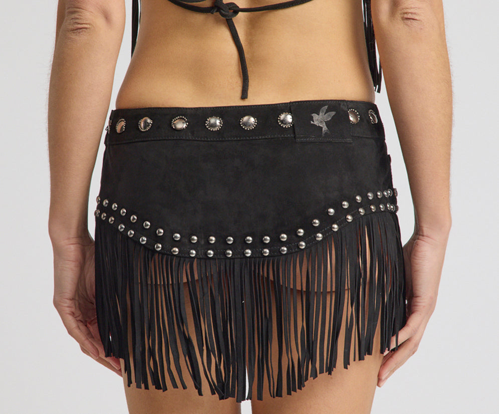 Rebel Rider Studded Fringe Suede Micro Skirt - Black