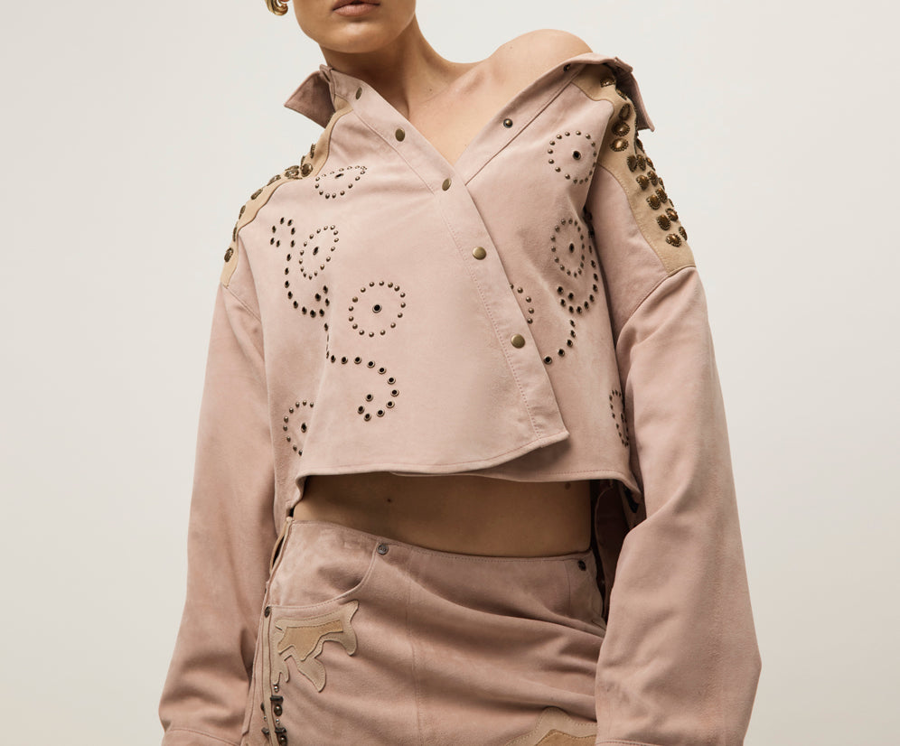 Rodeo Renegade Studded Embroidered Crop Suede Jack - Dusty Pink