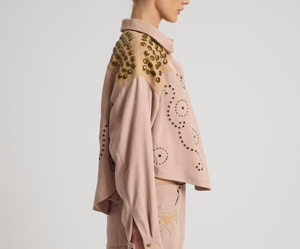 Rodeo Renegade Studded Embroidered Crop Suede Jack - Dusty Pink