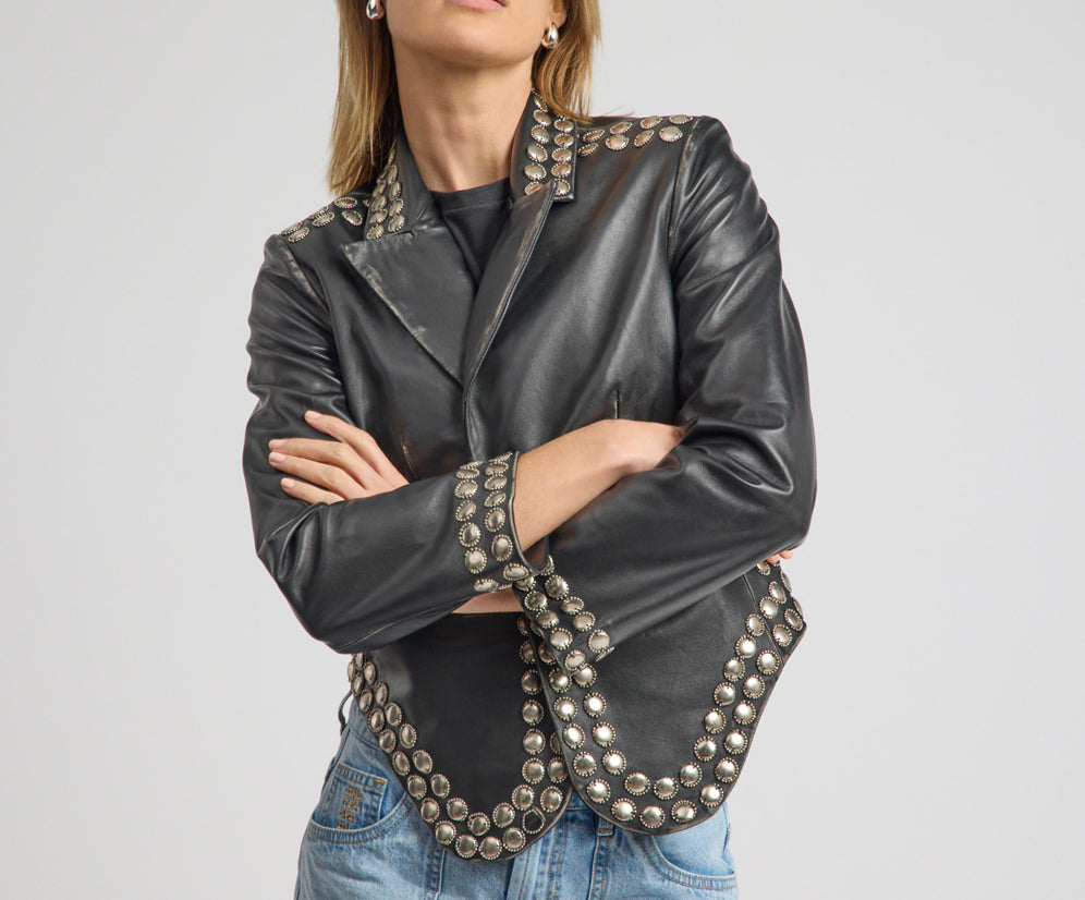 City Nights Studded Cropped Leather Blazer - Black