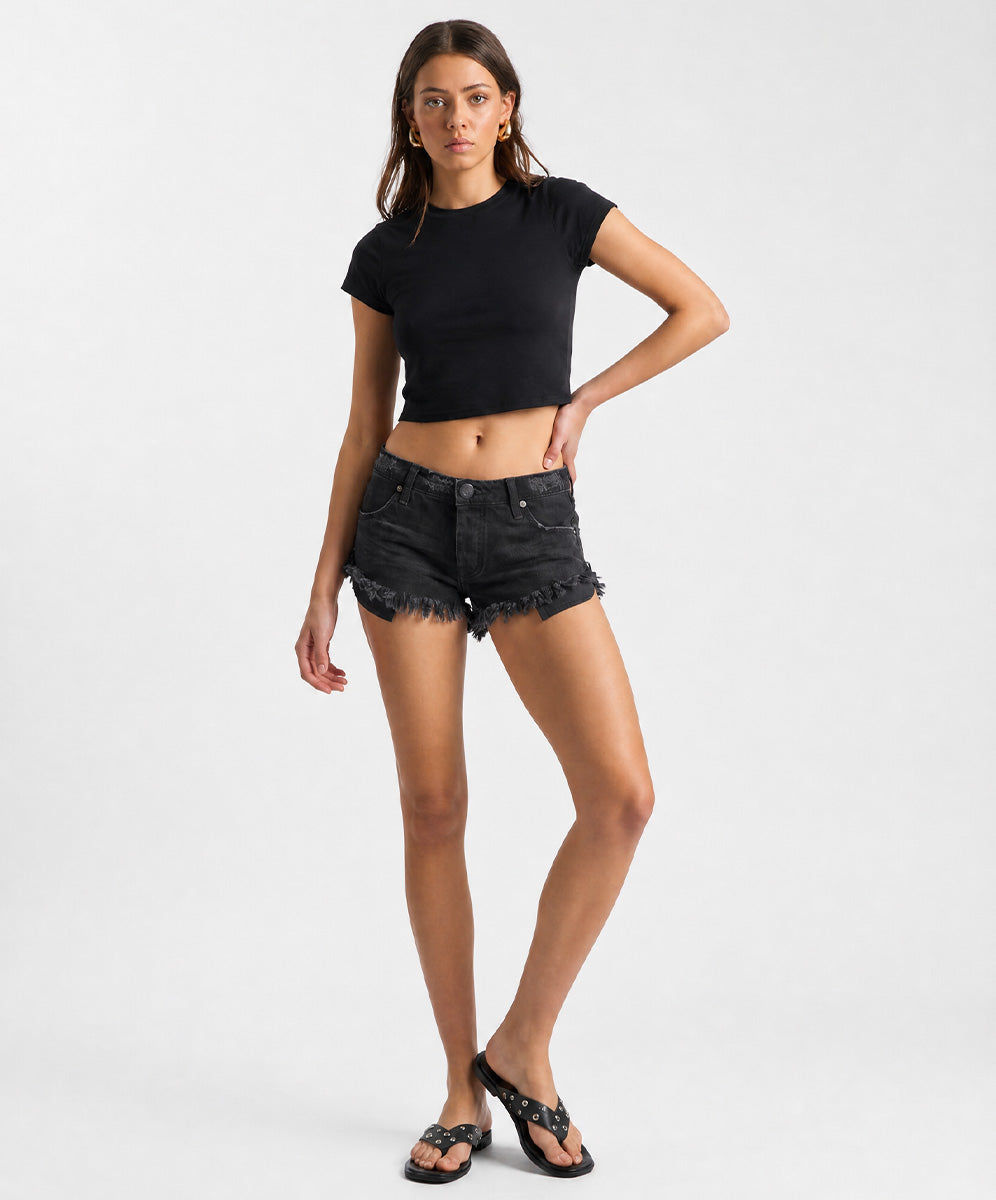 Dukes Low Waist Mini Denim Shorts - Double Black | One Teaspoon USA
