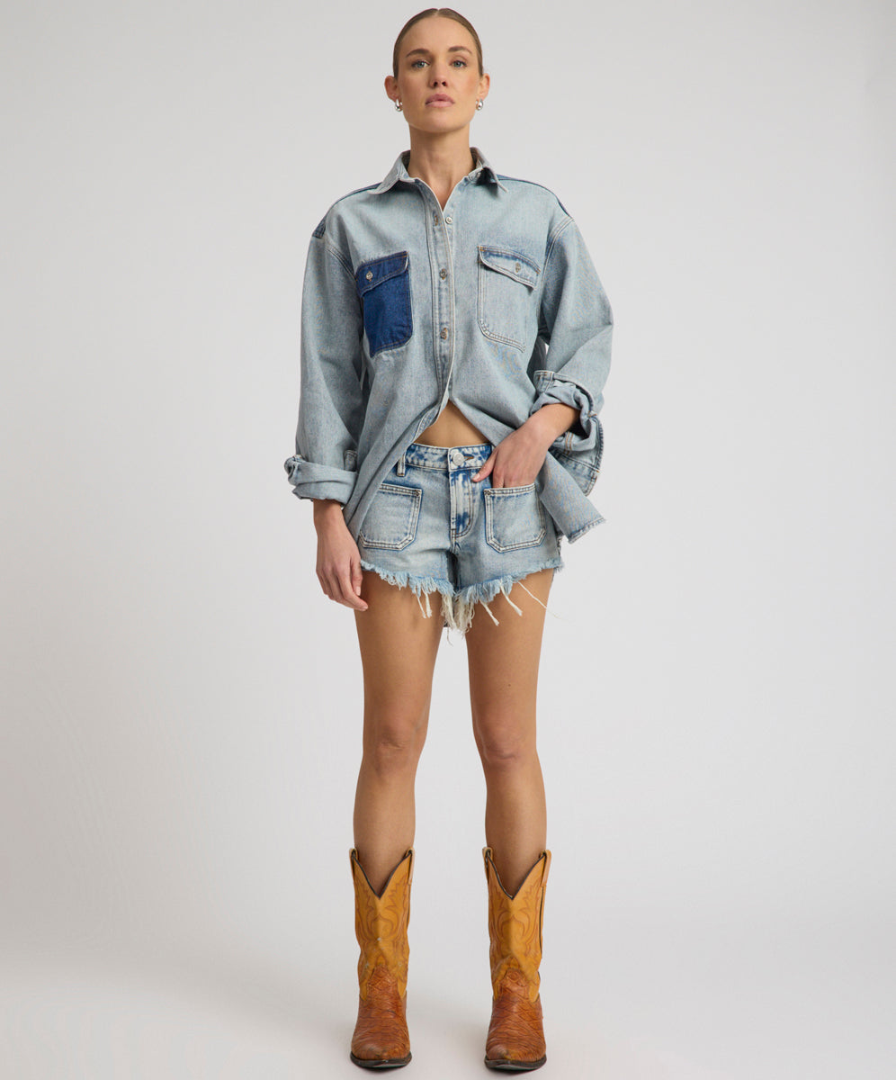 Retro Dukes Low Waist Mini Denim Shorts - Hendrixe Blue | One
