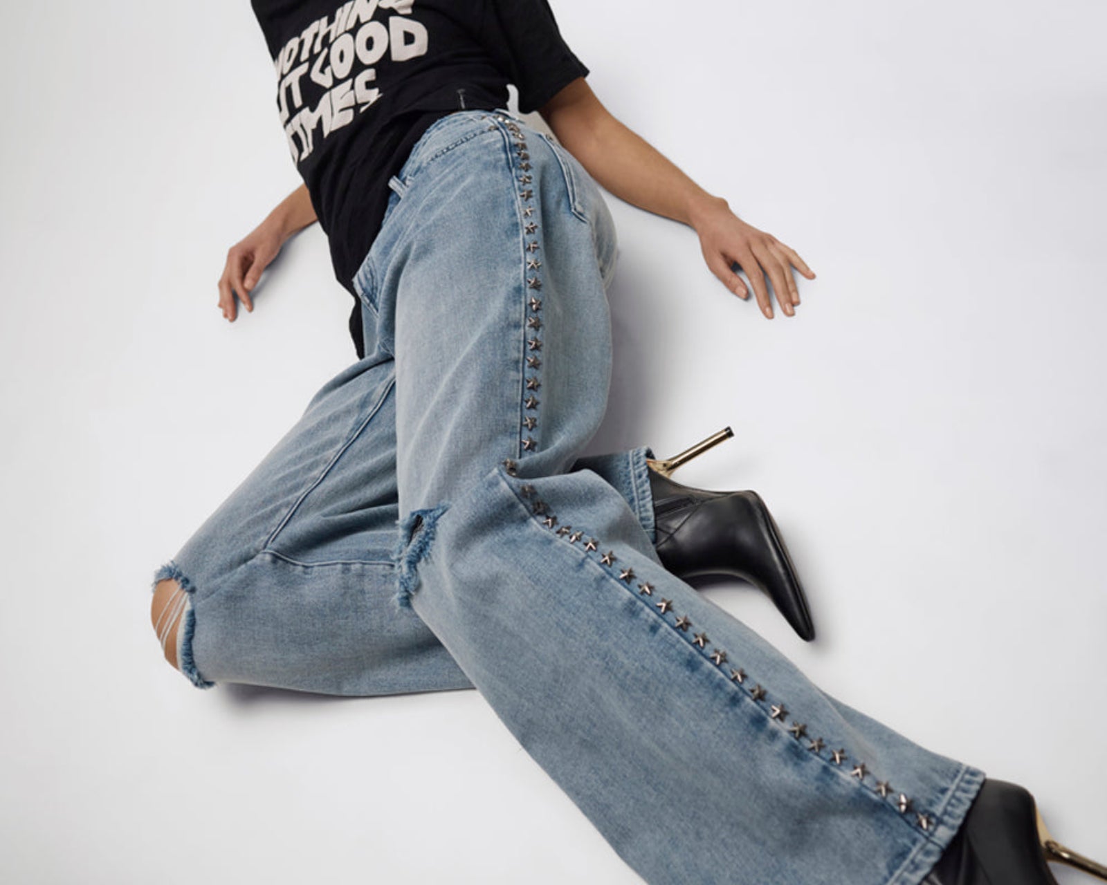 25th Anniversary Jackson Mid Waist Wide Leg Studded Denim Jeans - Salty Dog