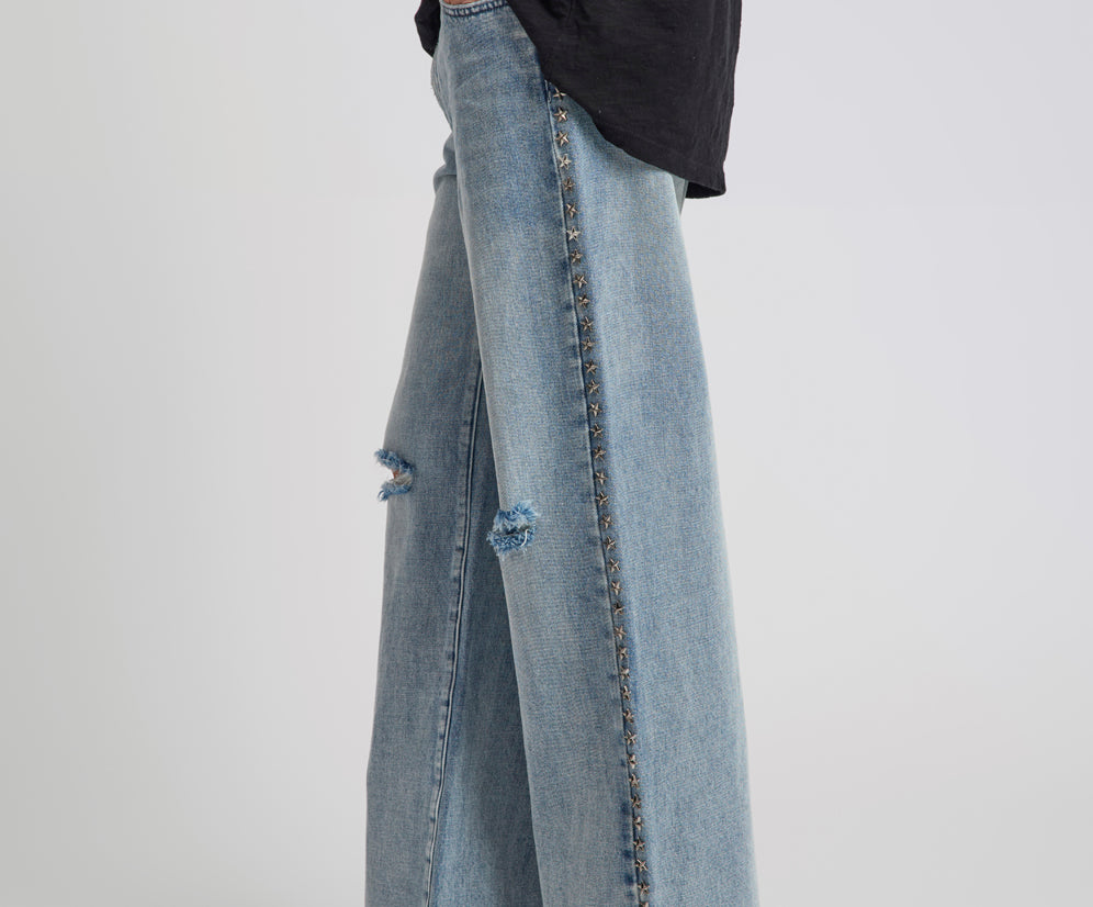 25th Anniversary Jackson Mid Waist Wide Leg Studded Denim Jeans - Salty Dog