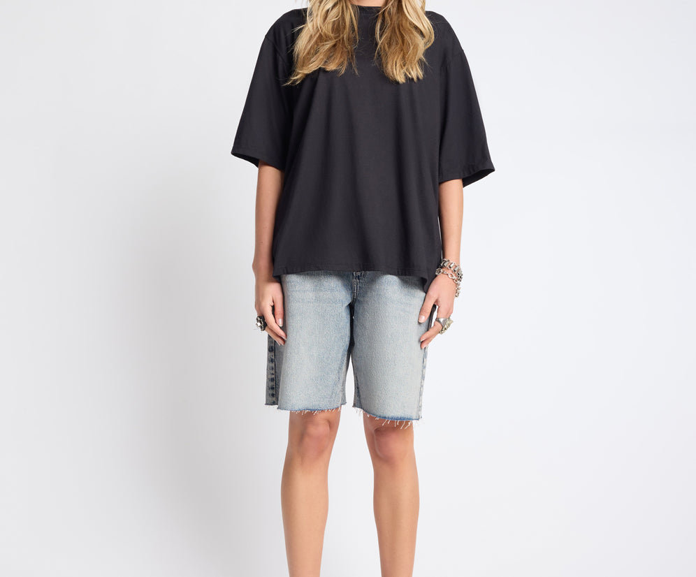 Le Cats Mid Waist Wide Leg Boyfriend Denim Shorts - Cloud Blue