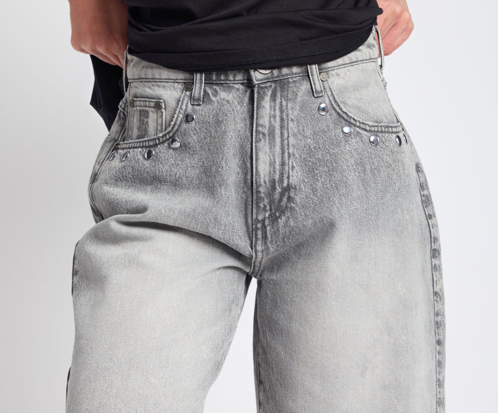 Le Cats Mid Waist Wide Leg Boyfriend Studded Denim Shorts - Soft Grey