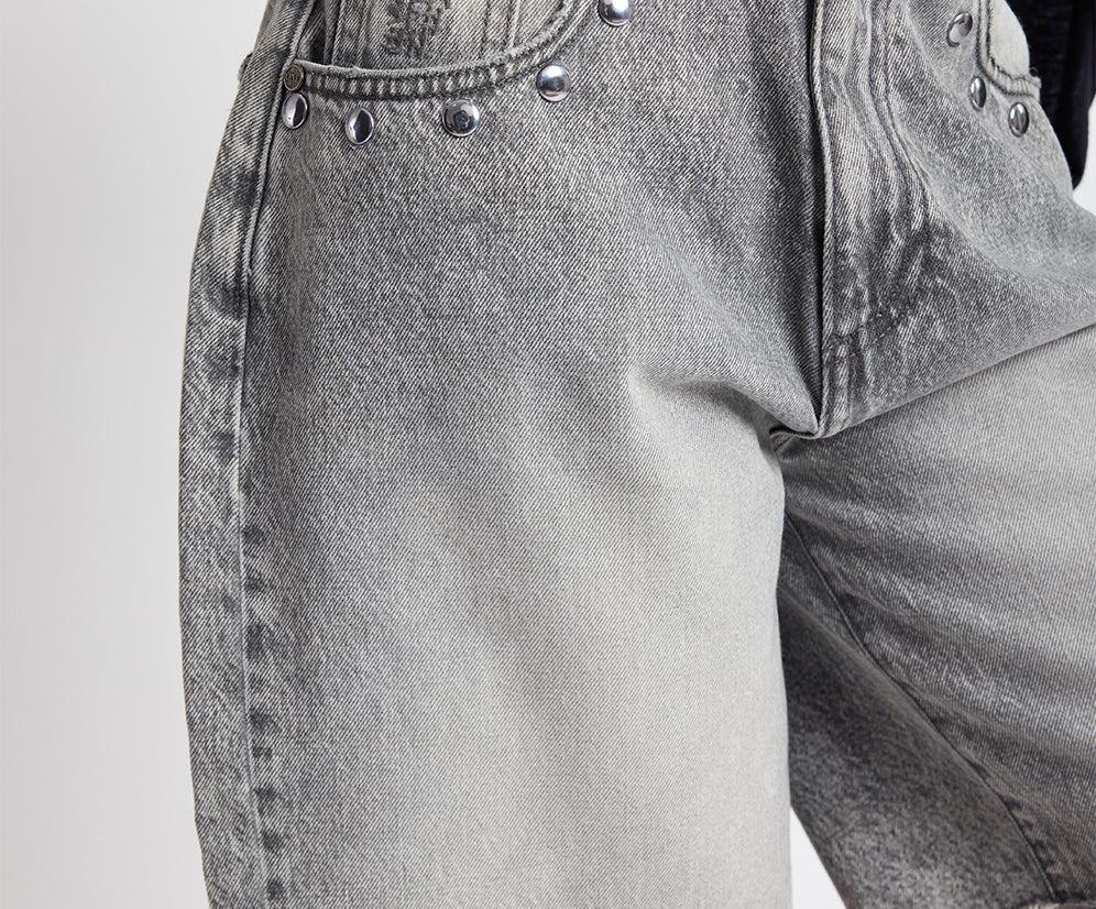 Le Cats Mid Waist Wide Leg Boyfriend Studded Denim Shorts - Soft Grey