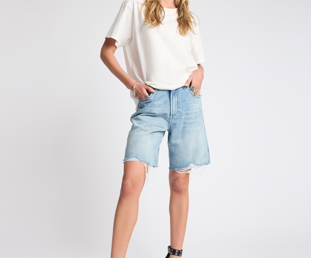 Rebel Rise High Waist Long Length Denim Shorts - Salty Dog