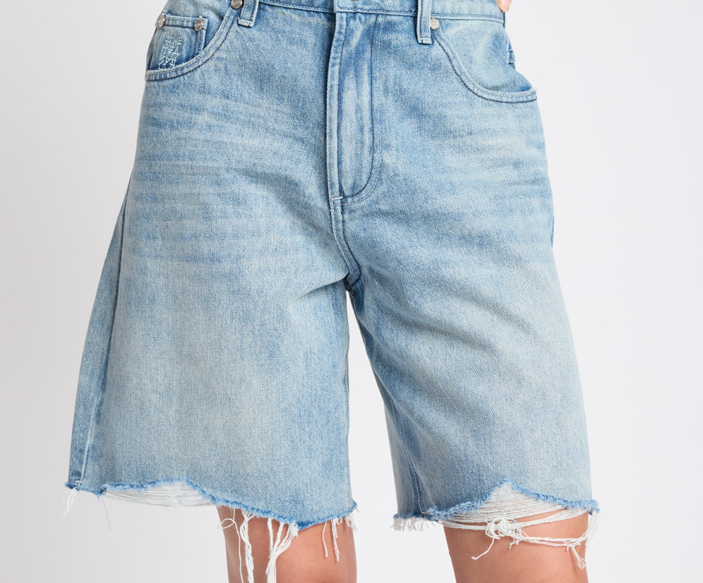 Rebel Rise High Waist Long Length Denim Shorts - Salty Dog